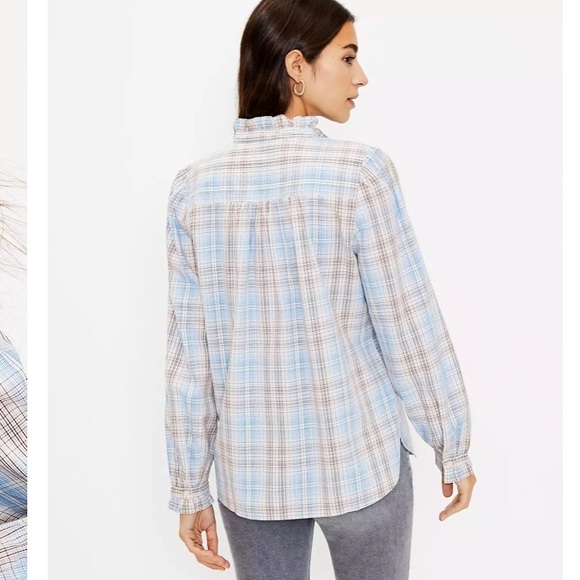 LOFT NWT Women's Plaid Ruffle Long Sleeve Button Down Shirt - Picture 3 of 5
